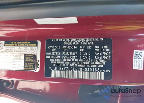 2013 Hyundai Santa Fe Sport from USA, damaged, VIN 5XYZU3LB2DG040168